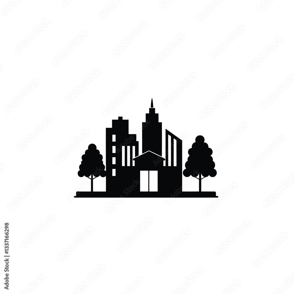 buildings and trees black silhouette side view on white background buildings and trees black silhouette side view on white background