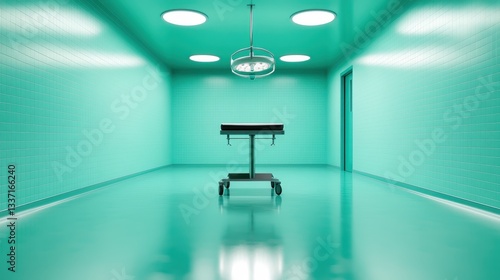 Obraz na płótnie A vivid and sterile surgery room showcasing bright green tiles and an overhead surgical light, emphasizing cleanliness and the clinical environment essential for medical procedures. w salonie