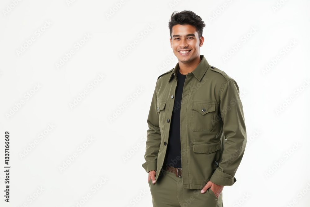 Half-Length (Waist-Up) portrait of young stylish smiling Ecuadorean male model in military wear isolated on pure white background looking at camera Half-Length (Waist-Up) portrait of young stylish smiling Ecuadorean male model in military wear isolated on pure white background looking at camera