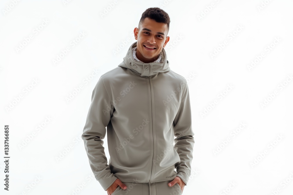 Half-Length (Waist-Up) portrait of young stylish smiling Ecuadorean male model in futuristic wear isolated on pure white background looking at camera Half-Length (Waist-Up) portrait of young stylish smiling Ecuadorean male model in futuristic wear isolated on pure white background looking at camera