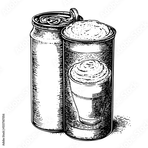Engraved illustration of vintage beverage cans and glasses with unique hand-drawn design elements