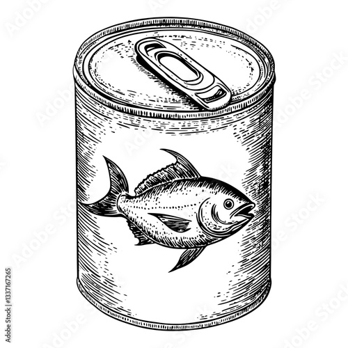 Engraved illustration of a vintage tin can featuring a hand-drawn fish design, capturing the essence of retro product design
