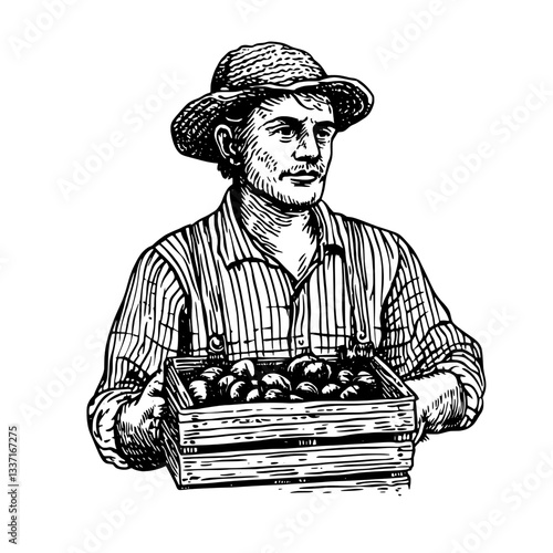 Engraved vintage illustration of a farmer holding a wooden crate filled with freshly harvested vegetables