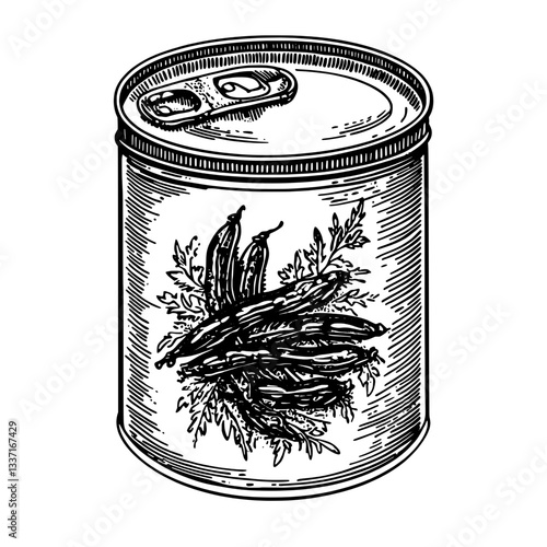 Engraved illustration of a vintage canned chili peppers design with intricate details and a hand-drawn aesthetic