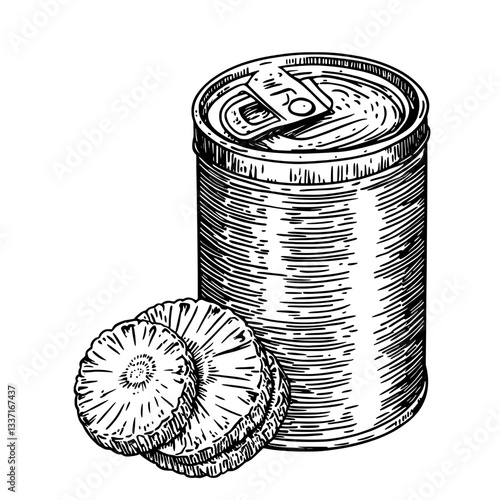 Engraved illustration of a vintage canned food product featuring slices of pineapple, capturing classic hand-drawn artistry with a premium feel