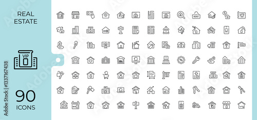 Real Estate icon set. Pack of building, home, apartment, construction, estate and more. Expanded stroke. Property modern icon. Editable vector art and illustration.