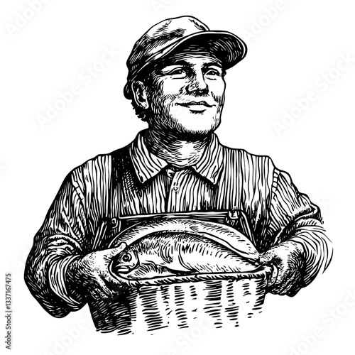 Engraved illustration of a fisherman proudly holding a freshly caught fish in a vintage style