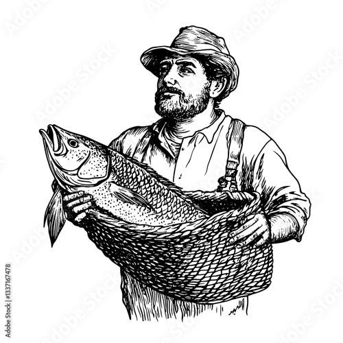 Engraved illustration of a fisherman proudly holding a freshly caught fish in a vintage style