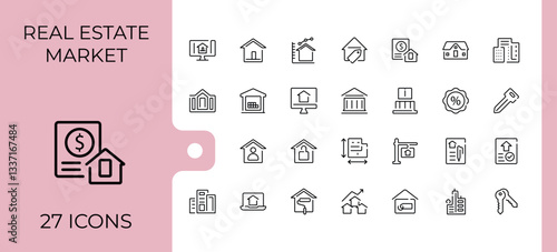 Real Estate icon set. Pack of building, home, apartment, construction, estate and more. Expanded stroke. Property modern icon. Editable vector art and illustration.