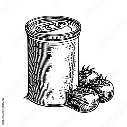 Vintage hand-drawn engraving of a canned product and fresh tomatoes showcasing classic design aesthetics