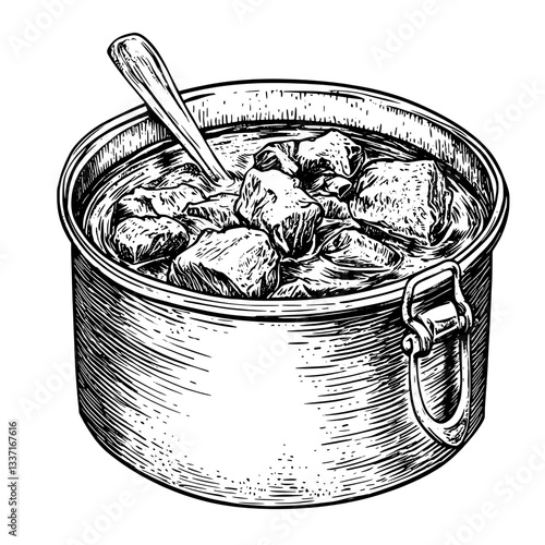 Hand-drawn vintage illustration of a pot filled with hearty stew showcasing an engraved design with intricate details