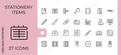 Stationery icon set. Containing stationary, pencil, office document, equipment, paper and more. Sign and Symbol. Education linear icon collection. Editable vector illustration.