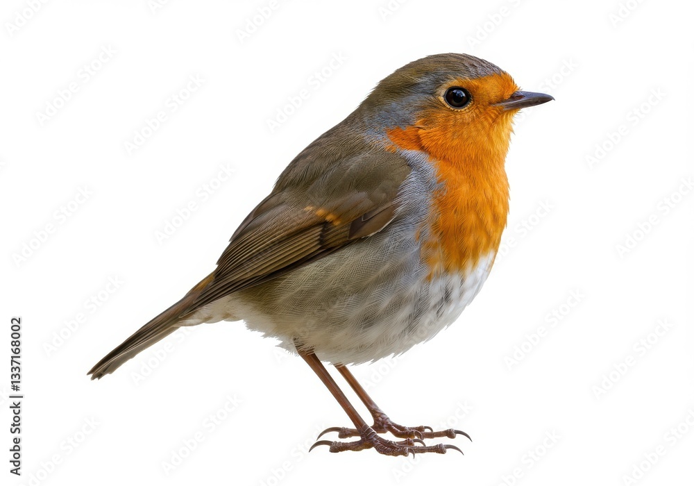 Close up of a european robin standing against a white background in a studio setting Close up of a european robin standing against a white background in a studio setting