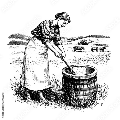 Engraved illustration of a woman churning butter in a vintage rural setting with grazing cows