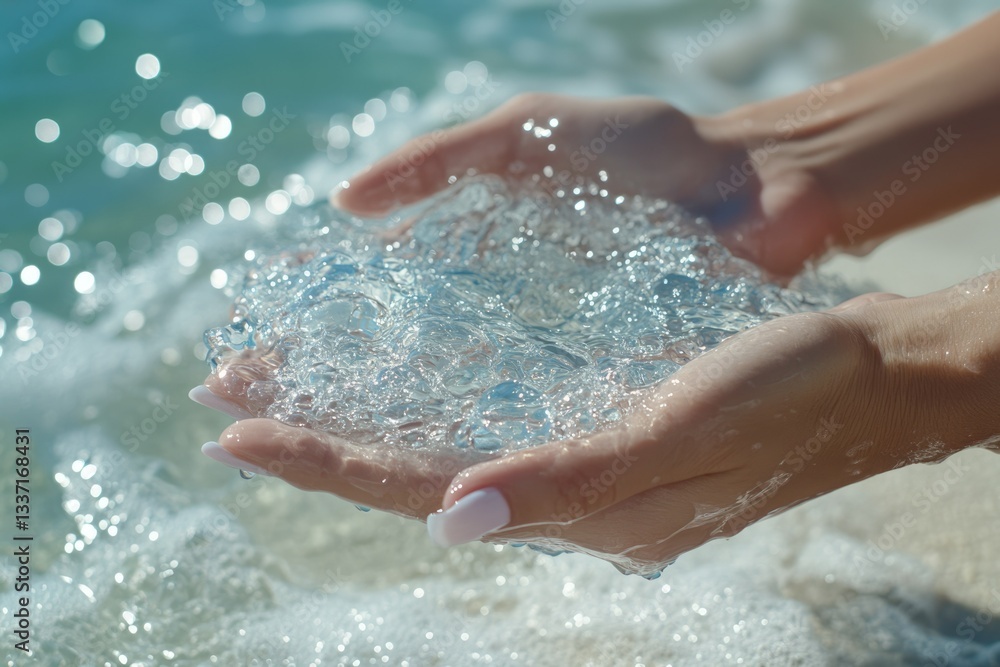 Fototapeta premium Woman's hands gently cupping ocean water, showcasing its bubbly texture and refreshing essence.