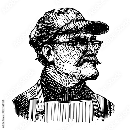 Vintage engraved illustration of a bespectacled man in a cap showcasing traditional craftsmanship and character