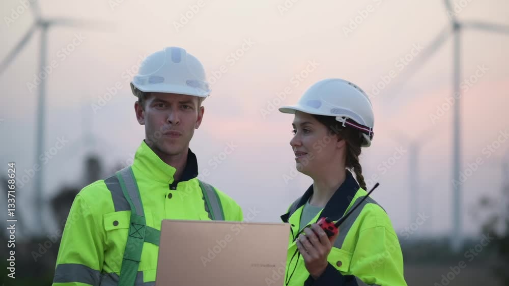 Engineers working on site in wind turbine farm, Wind turbines generate clean energy source, Eco technology for electric, industry environment Engineers working on site in wind turbine farm, Wind turbines generate clean energy source, Eco technology for electric, industry environment