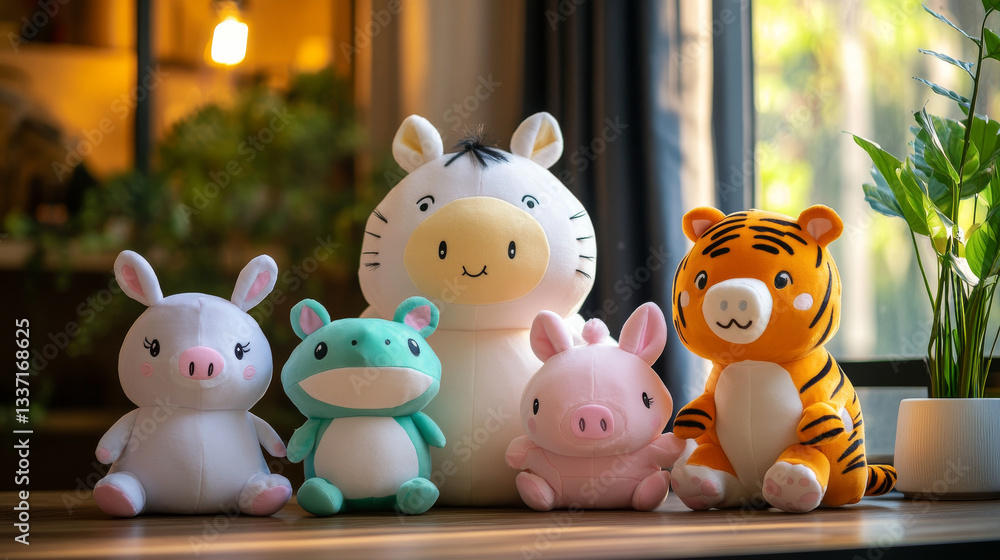 Obraz premium Plush toys, funny soft frog, horse, tiger with bunny and pig. Cute animals, stuffed dolls for child playing, furry creatures with kawai face and big eyes, isolated Cartoon vector illustration, set