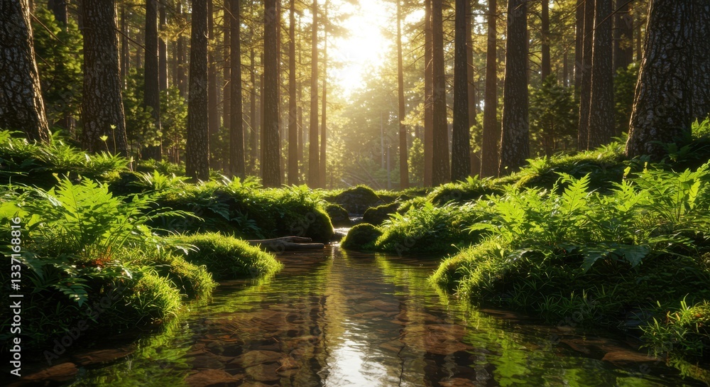 Naklejka premium Sunlight streams through tall trees illuminating a forest stream with lush green vegetation