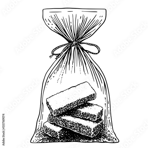 Vintage hand-drawn illustration of a bag filled with engraved candy bars against a minimalist background