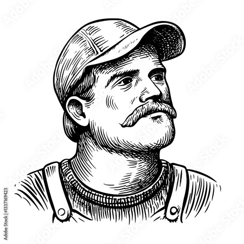 Portrait of a determined man in vintage style showcasing craftsmanship and resilience through artful engraving techniques