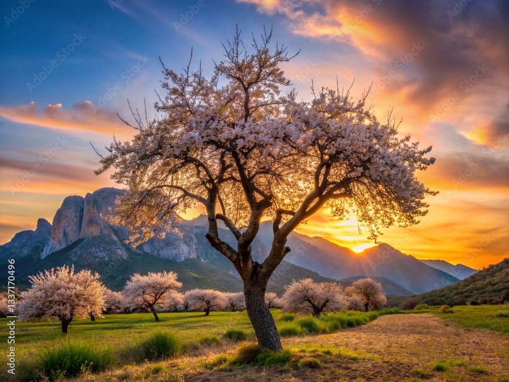 Fototapeta premium Majestic Almond Tree Silhouetted Against Puigcampana Mountain at Sunset