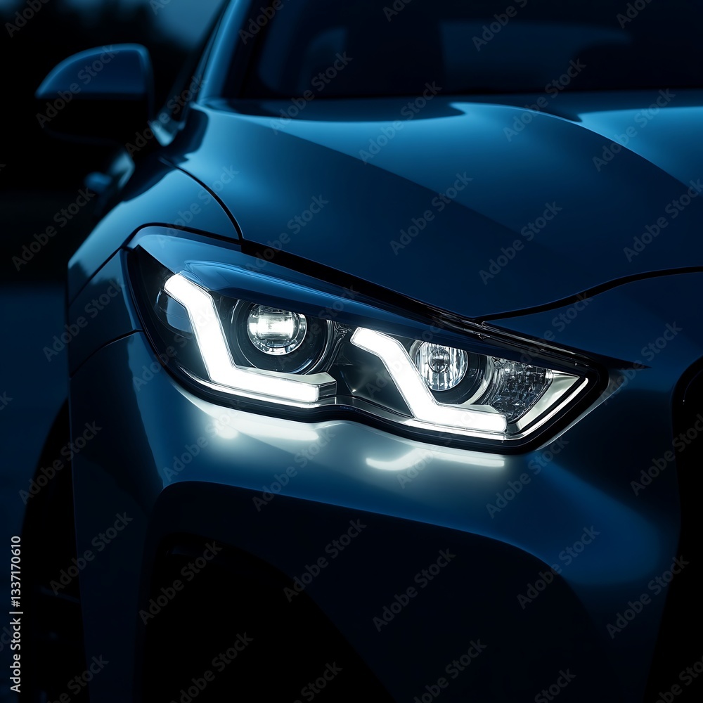 Modern LED Car Headlight Close-Up at Night: Crisp White Glow & Stunning Reflections on Glossy Body Modern LED Car Headlight Close-Up at Night: Crisp White Glow & Stunning Reflections on Glossy Body