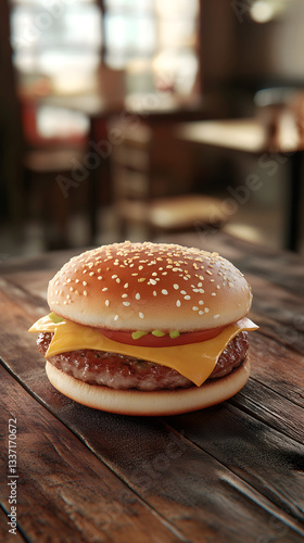 Wallpaper Mural Delicious Cheeseburger with Crispy Lettuce and Fresh Tomato – Mouthwatering Fast Food Photography on Wooden Table Torontodigital.ca