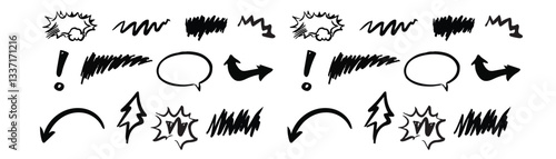 Set of black hand drawn anime manga doodle this collection features a variety of black, hand drawn elements inspired by anime and manga art styles. Included are curved grunge lines, charcoal and chalk