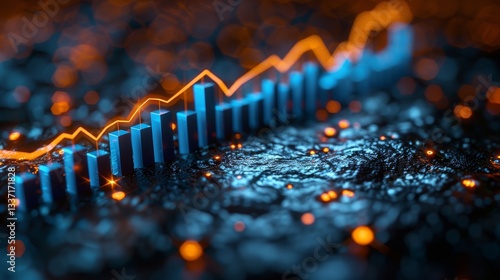 Blue Stock Market Chart With Orange Growth Line, Abstract Financial Background, 3D Render