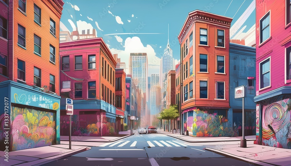 Obraz premium Comic cartoon urban street scene with diverse architectural styles