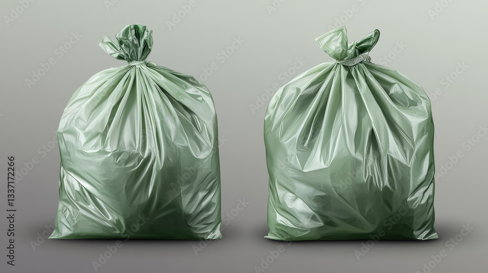 Trash bag mockup, plastic roll and sack empty full of garbage. Green disposable package for rubbish mock up. Household supplies for waste throw isolated on background. Realistic 3d vector illustration Trash bag mockup, plastic roll and sack empty full of garbage. Green disposable package for rubbish mock up. Household supplies for waste throw isolated on background. Realistic 3d vector illustration