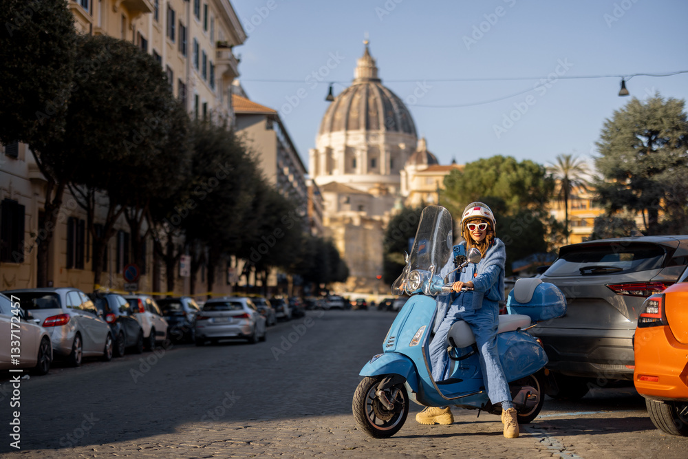 A stylish traveler on a scooter explores the streets of Rome with St. Peters Basilica in the background. This image captures the essence of urban adventure, freedom, and Italian lifestyle