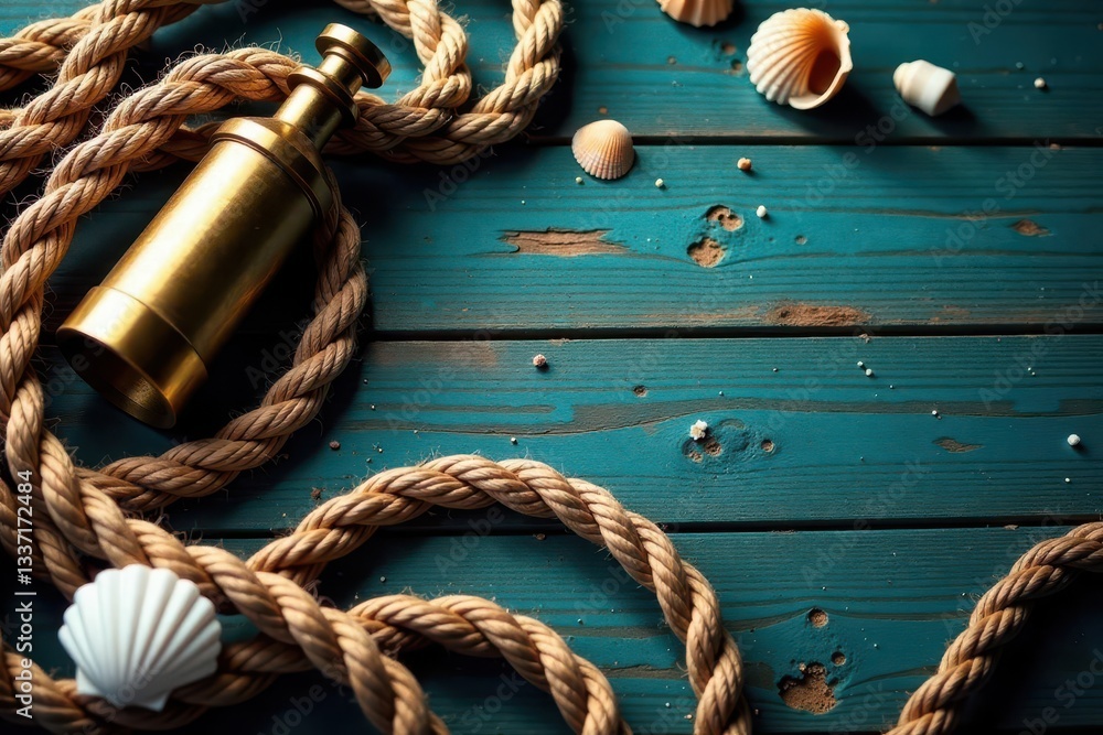 Fototapeta premium Aged nautical rope, weathered driftwood, antique brass spyglass, seashells , close-up, net