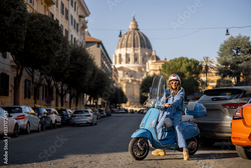 Obraz na płótnie A stylish traveler on a scooter explores the streets of Rome with St. Peters Basilica in the background. This image captures the essence of urban adventure, freedom, and Italian lifestyle w salonie
