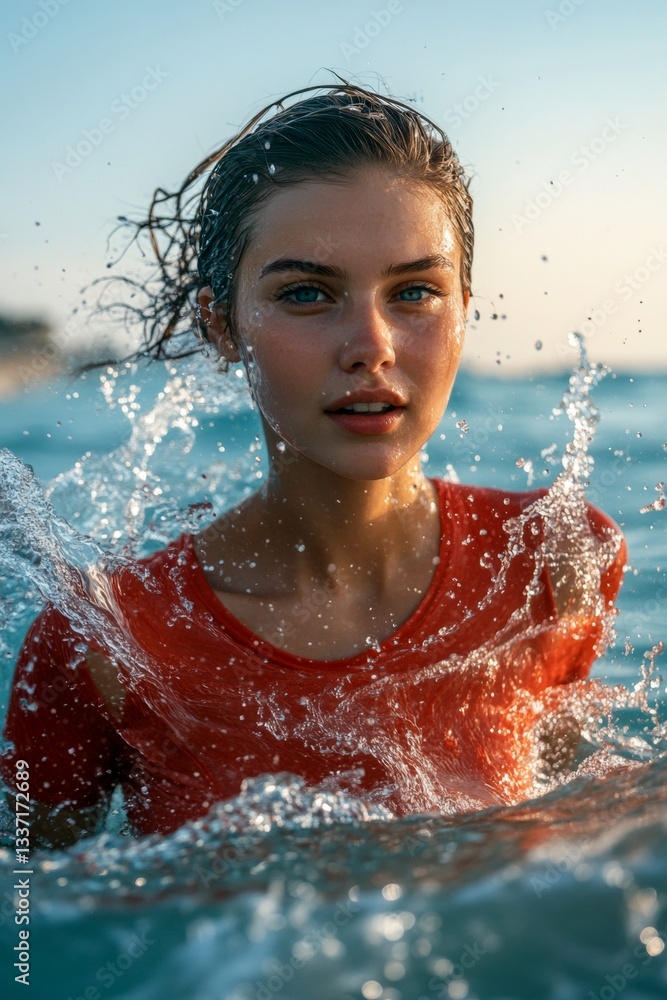 Obraz premium Happy stress-free holiday getaway conceptual art. Bright Ñommercial style. Attractive and hot happy middle eastern young woman in red tight t-shirt enjoying turquoise sea, splashes around he.