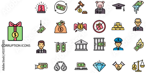 Corruption simple concept 24 color icons set. Contains such Bribery, Extortion, Dishonesty, Fraud, Money, Prison, Authority, Government. .Vector illustration.