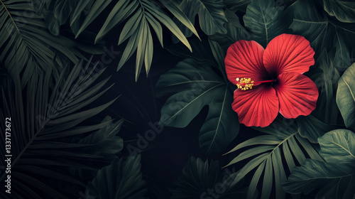 Tropical black gold leaves on dark background vector set. Beautiful botanical design with tropic jungle leaves, exotic red flower hibiscus and golden paint smear. Wedding invitation card, holiday sale