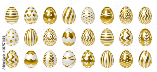 Set of 3D realistic golden Easter eggs with various patterns isolated on white background. Vector collection for greeting card, banner, invitation, flyer, poster, web and Easter design