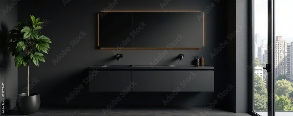 Obraz premium Sleek black vanity, dark matte walls, modern fixtures, tile, spa-like, interior