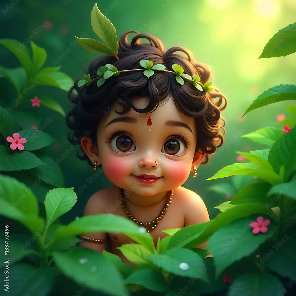 Fototapeta premium Divine Child in the Lush Garden: A captivating illustration depicts a sweet, divine child with innocent eyes and a serene smile, nestled within vibrant greenery and blossoming flowers