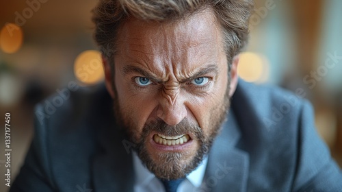 Portrait of an offended man in a suit, looking from under his brows. Business, angry expression, disappointment