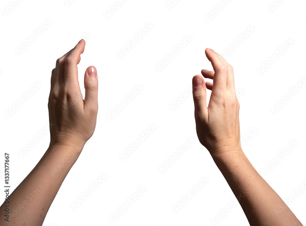 Both hands holding an invisible object, open gesture symbolizing grasping or presenting something. Fingers positioned naturally, conveying action and interaction. Isolated on white background.. Both hands holding an invisible object, open gesture symbolizing grasping or presenting something. Fingers positioned naturally, conveying action and interaction. Isolated on white background..