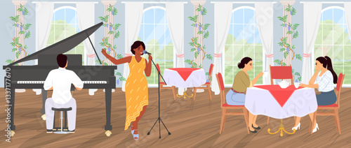 A lively performance unfolds in a charming cafe as a vocalist captivates the audience while a pianist plays. Guests enjoy their meals and drinks in a vibrant atmosphere.