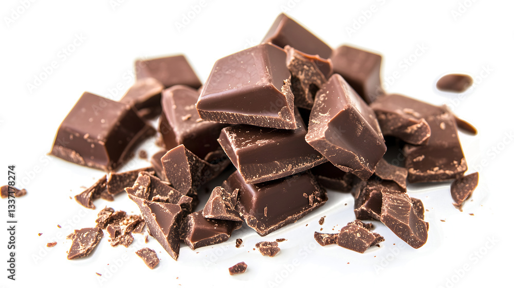 A pile of chocolate pieces on a white background. Concept of indulgence and temptation, as the chocolate is piled high and he is ready to be eaten A pile of chocolate pieces on a white background. Concept of indulgence and temptation, as the chocolate is piled high and he is ready to be eaten