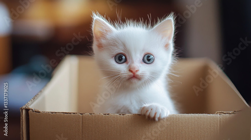 Happy little girl find kitten in carton box at home door. Pets adoption, excited baby happy to get cute white foundling cat. Birthday gift, feline animal and human relation Cartoon vector illustration