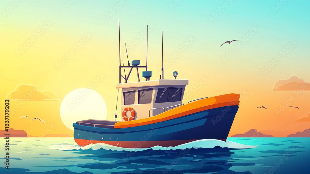 Fish trawler boat in sea vector marine background. Commercial fishery ship with lifebuoy in ocean water cartoon vector illustration. Adventure game for catching fish, day and night, morning and sunset Fish trawler boat in sea vector marine background. Commercial fishery ship with lifebuoy in ocean water cartoon vector illustration. Adventure game for catching fish, day and night, morning and sunset