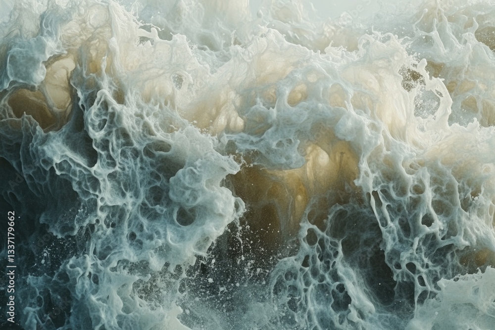 Naklejka premium Abstract close-up of ocean wave, showcasing textured foam and swirling water in muted greens and beige tones.