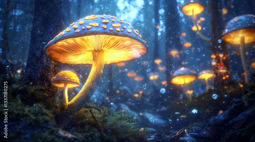 Fototapeta premium Enchanted fungal dreamscape:a surreal of nature's fantastical realms. Prismatic Spores. Illustration