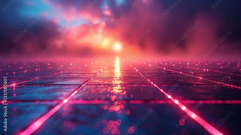 Obraz premium Virtual Sunset Glowing Gridlines and Reflective Surfaces on the Digital Horizon at Sunset.
